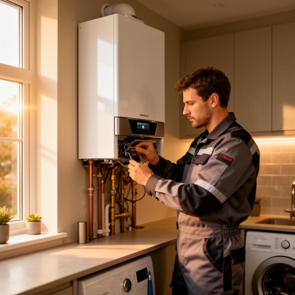 A professional heating engineer servicing a wall-mounted boiler